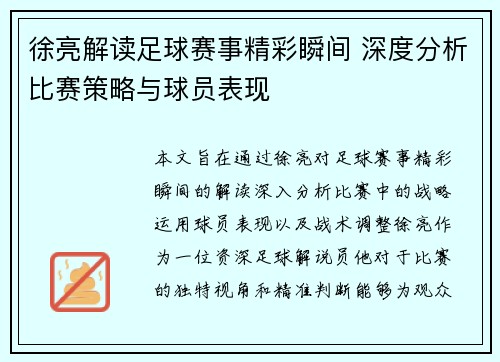 徐亮解读足球赛事精彩瞬间 深度分析比赛策略与球员表现