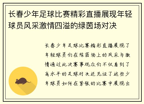 长春少年足球比赛精彩直播展现年轻球员风采激情四溢的绿茵场对决